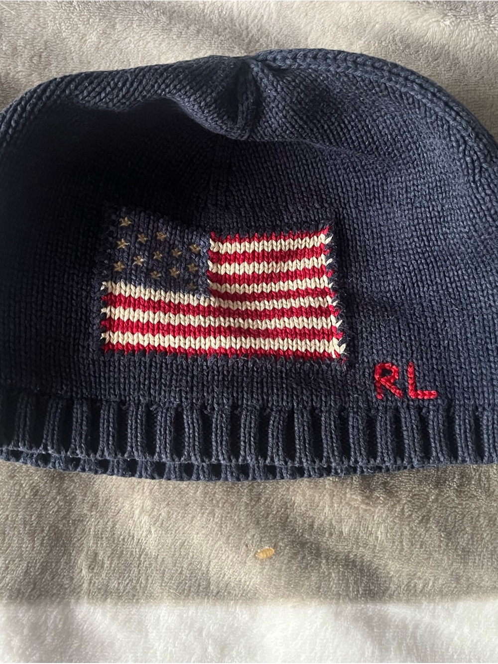Ralph Lauren Kids Navy Beanie with American Flag and Red RL Stitching